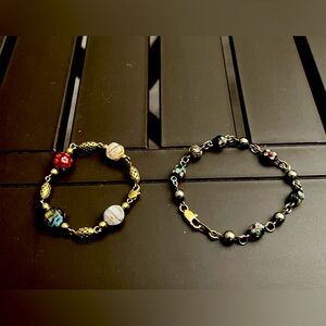 Lot of 2: gold tone and silver tone bead bracelets